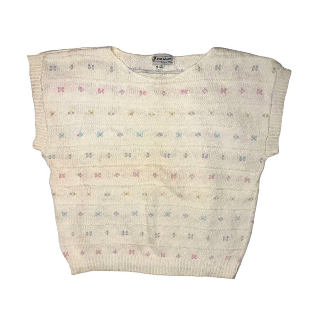 Vintage 1988 A Jane Adams Short Sleeved Boxy Knit Floral Sweater Cream